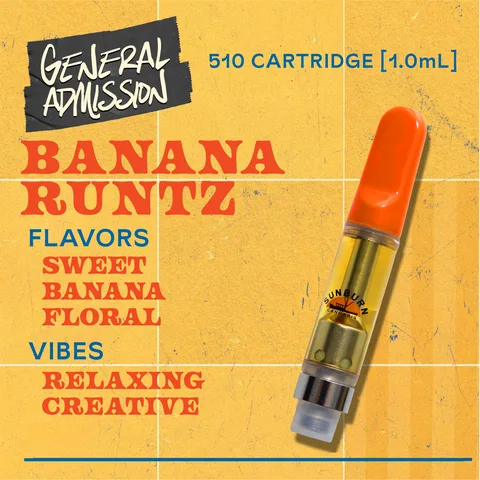 Banana Runtz - Distillate Vape Carts, as Sunburn's menu shows it