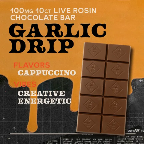 Milk Chocolate Garlic Drip Cappuccino - Live Rosin Chocolate Bar, as Sunburn's menu shows it