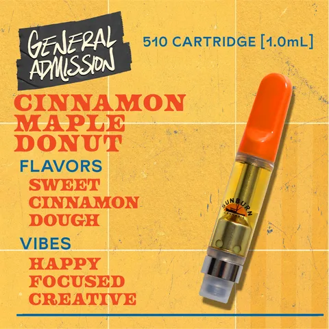 Cinnamon Maple Donut - Distillate Vape Carts, as Sunburn's menu shows it