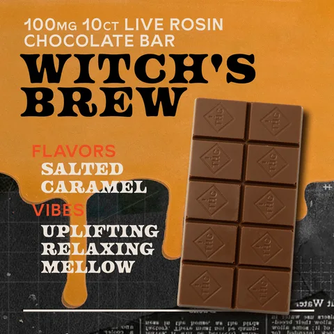Milk Chocolate Witch's Brew Salted Caramel - Live Rosin Chocolate Bar, as Sunburn's menu shows it